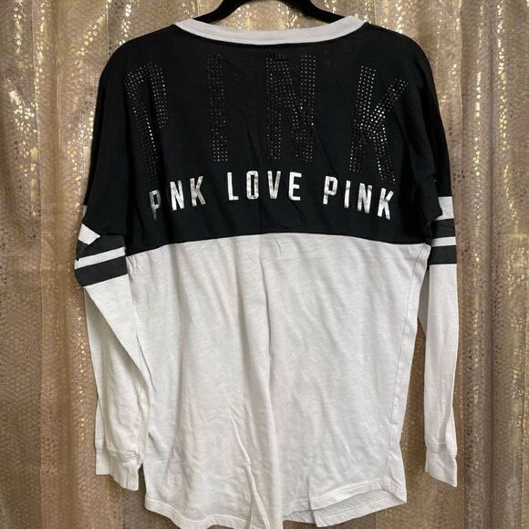 PINK Victorias Secret black/white rhinestone long sleeve t-shirt, S - Picture 1 of 6